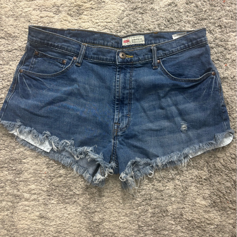 Wrangler Woman Athletic Fit Blue Mini Retro Distressed Denim Shorts 36/32